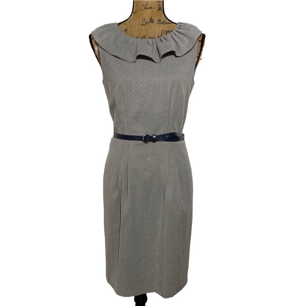 Jones New York 6 Sheath Dress Gray Tiny Black Flecks Ruffle Collar Lined Stretch